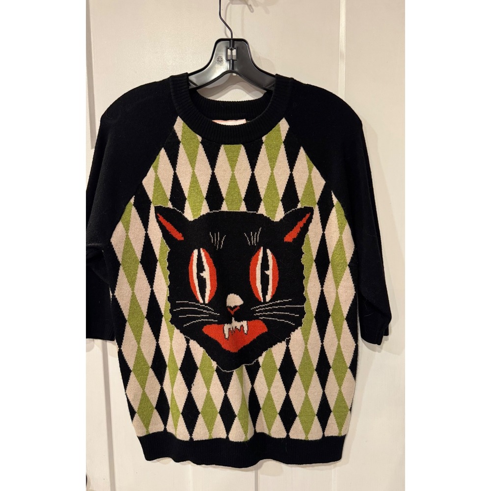 The Oblong Box Shop Black Cat Argyle Sweater XL Green Black Retro Rockabilly